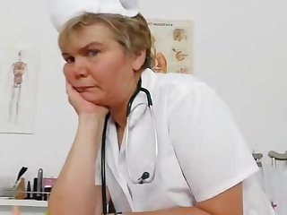 Cougar masturbation with a medical-instrument in uniforms